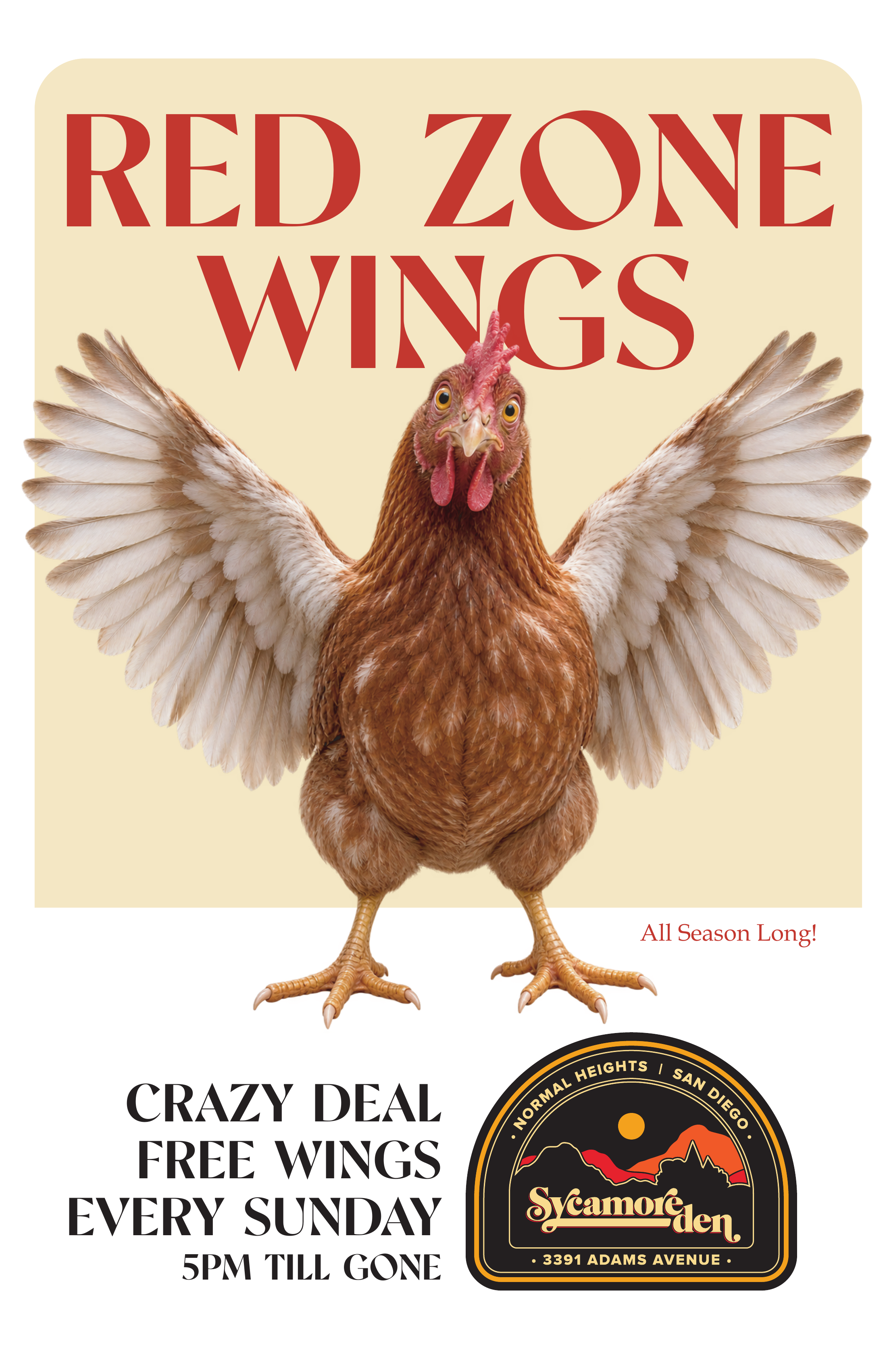 Red Zone Wings — free wings every Sunday during NFL season at Sycamore Den, 5pm till gone